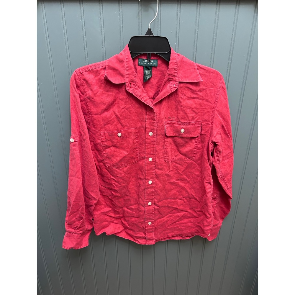 Lauren Ralph Lauren Red 100% Linen Roll Tab Button Down Shirt Small